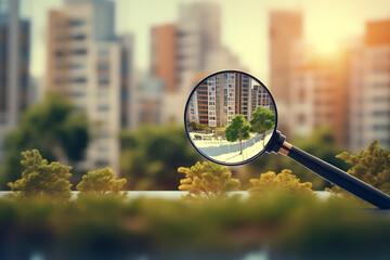 Magnifying glass over the city. Concept of search for real estate.