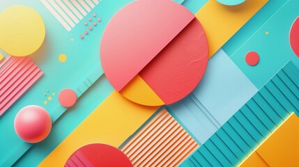 Geometric Shapes in Bold, Spring Colors, Textured Spheres and Stripes on Pastel Background. Vibrant Abstract 3D Banner. AI Generated