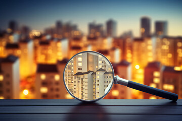 Magnifying glass over the city. Concept of search for real estate. - obrazy, fototapety, plakaty