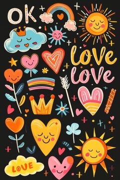 Retro Clipart Set, Rainbow Love, Sunshine, Smiling Sun, Flowers, Hearts, Leaves, Floral, Botanical, Childhood, Fun, Cute, Whimsical, Clouds, Red and Orange and Blue, Hearts and Clouds with faces
