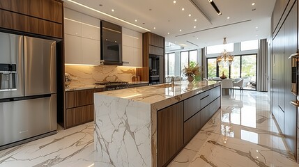A sleek and modern kitchen boasting a large marble island as the focal point, high-end appliances seamlessly integrated. Generative AI.