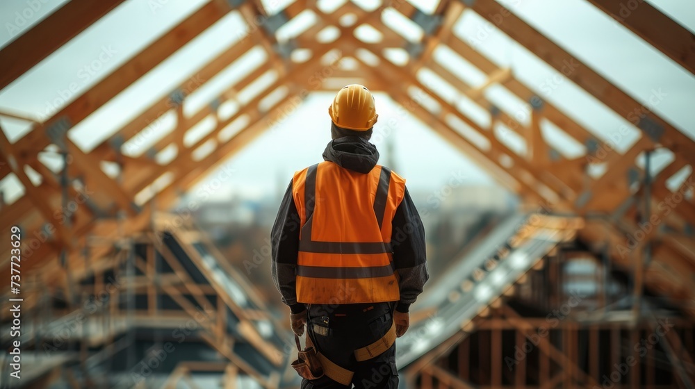 Aufkleber construction worker working on roof structure of building on construction site. generative ai.