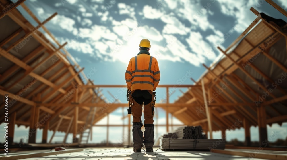 Poster Construction worker working on roof structure of building on construction site. Generative AI.
