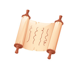 Ancient old paper scroll. Open parchment, manuscript on wooden handle. Papyrus roll, aged weathered historical handwritten document. Flat cartoon vector illustration isolated on white background