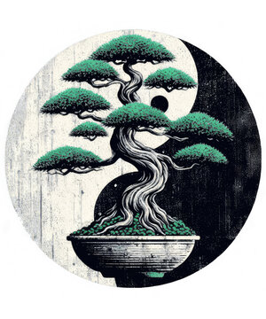 Yin Yang Tree of Life on Bonsai Tree, Zen Art, Vintage Grunge, PNG, transparent background