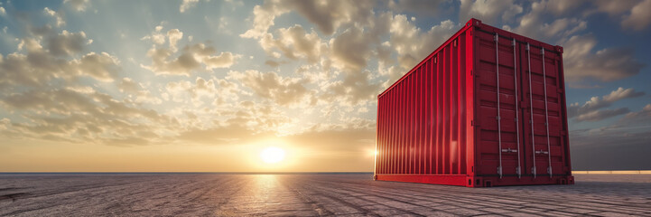 Red shipping container on a wooden surface with a tranquil sea and sunset skies in the background, ample copy space for text
