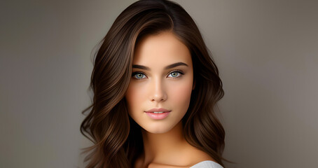 Naklejka premium Beautiful brunette girl, closeup face. Beautiful brunette woman, portrait closeup. Face of young woman with blue eyes and wavy hair. Beauty face. Model girl with curly hairstyle. Woman face close up.