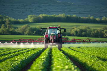 Fototapeta premium Agriculture tractor spraying fertilizer on agricultural field. Smart agriculture farming, agricultural food crops technology concept.