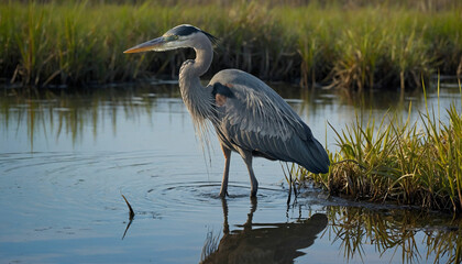 A solitary great blue heron as it stands motionless in the shallows of a marsh, its sleek silhouette mirrored perfectly in the still waters below and Highlight the intricate patterns of its plumage an