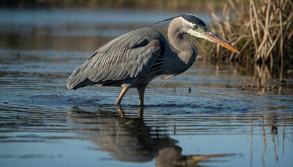 A solitary great blue heron as it stands motionless in the shallows of a marsh, its sleek silhouette mirrored perfectly in the still waters below and Highlight the intricate patterns of its plumage an