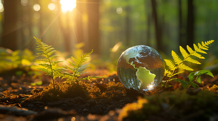 crystal earth on soil in forest with ferns and sunlight environment save clean planet ecology...