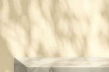Marble Table with Beige Stucco Wall Texture Background with Light Beam, Bokeh and Shadow