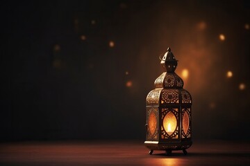 Ornamental Arabic lantern with burning candle, copy space, realistic - generative ai