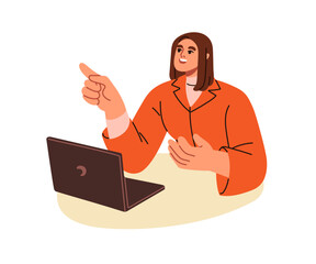 Business woman speaking, sitting at laptop. Female office worker talking at workplace, works online.Employee gesturing at notebook computer. Flat vector illustration isolated on white background - 737726016