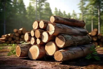 Foto op Aluminium Pile of sawn logs in forest, closeup of photo © Creative