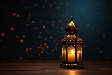 Ornamental Arabic lantern with burning candle, copy space, realistic - generative ai