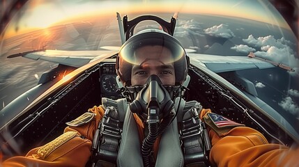 Fototapeta premium Jet fighter pilot sitting in Cockpit in flying jet. Generative AI.