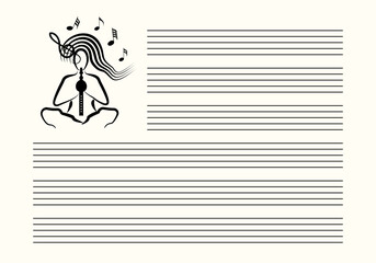 Musical notes blank sheet with abstract woman playing indian pungi flute. Black lines on white background. Editable stroke illustration.