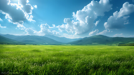 A panoramic natural landscape with a green grass field, blue sky with clouds, and mountains in the background. Perfect for nature enthusiasts and relaxation.