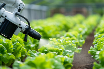 Smart robotic farmer arm watering plants, Automatic agricultural technology, Futuristic Crops plant with smart tech concept.