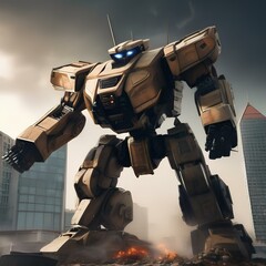 Giant robot rampage, Massive robotic behemoth rampaging through a cityscape as military forces mobilize to stop it2 - obrazy, fototapety, plakaty