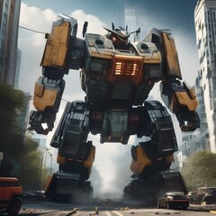 Giant robot rampage, Massive robotic behemoth rampaging through a cityscape as military forces mobilize to stop it5 - obrazy, fototapety, plakaty
