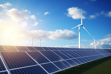 Solar panels and wind turbines, alternative electricity source. 3D rendering