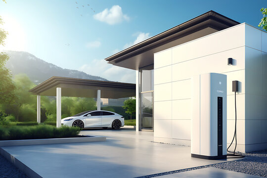 Electric car charging in front of a modern house. 3D rendering