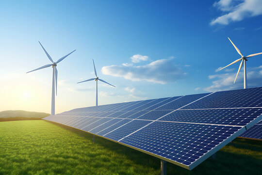 Solar panels and wind turbines, alternative electricity source. 3D rendering