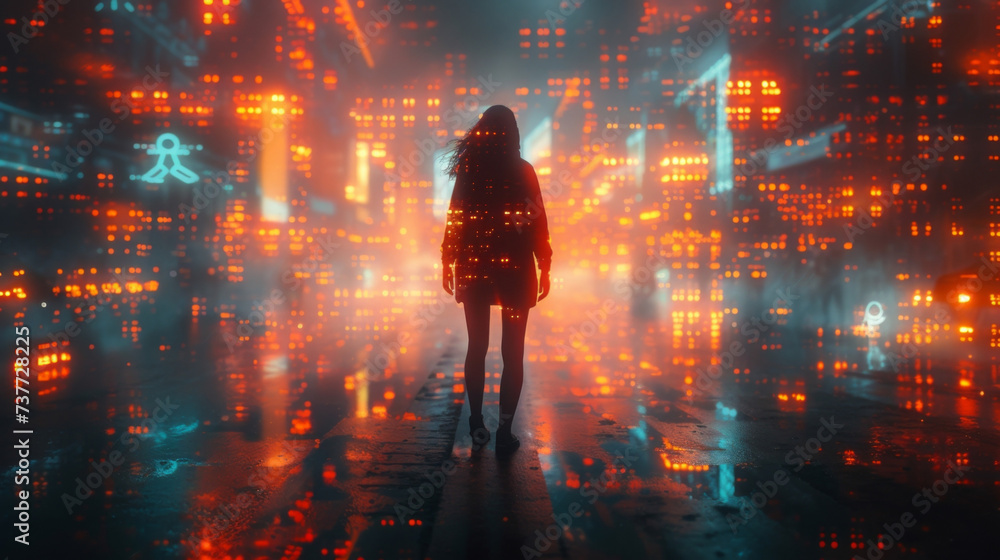 Poster a futuristic market scene where virtual assistants powered by ai interact with customers seamlessly 