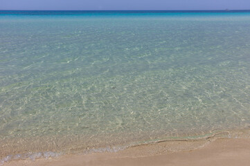 Azure crystal clear sea with tropical sandy beach under blue summer sky. Panoramic beach landscape. Seascape, soft sand, calmness, quiet, relaxing sunlight, summer atmosphere