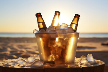 Bottles of beer in ice bucket on the beach at sunset. - obrazy, fototapety, plakaty