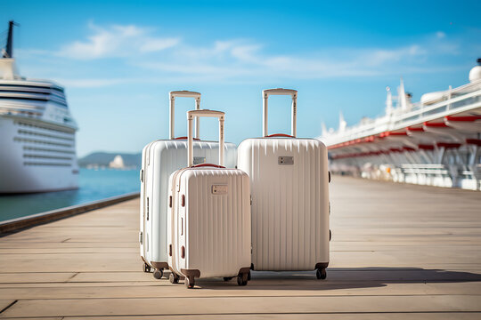 Three colorful suitcases on a wooden pier against the background of a cruise ship