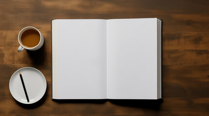 black white book on wooden table for mockup, top view, 