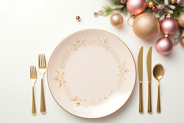 Christmas table setting with golden cutlery and christmas balls on red background