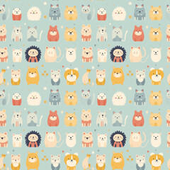cute animals lion, bear, seal pastel color seamless pattern for baby shower decor, kids apparel, wrapping paper, fabric, and textile. Flat design illustration on light blue color background