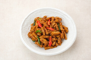 Orek Tempe or Stir Fry Tempeh, sweet and spicy. Indonesian traditional food.
