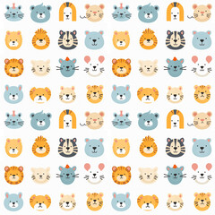 cute abstract animals face lion, bear, cat color seamless pattern for baby shower decor, kids apparel, wrapping paper, fabric, and textile. Flat design illustration on white background