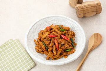 Orek Tempe or Stir Fry Tempeh, sweet and spicy. Indonesian traditional food.
