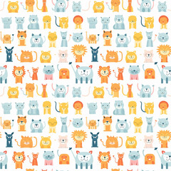 cute animals lion, bear, seal pastel color seamless pattern for baby shower decor, kids apparel, wrapping paper, fabric, and textile. Flat design illustration on white color background