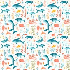 Sea life fish swimming underwater with coral reef. Seamless vector pattern sea animals, seashells, plants drawn in doodle style for kids clothing, wrapping paper