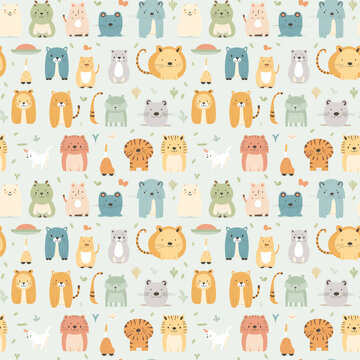 cute abstract animals lion, bear, cat color seamless pattern for baby shower decor, kids apparel, wrapping paper, fabric, and textile. Flat design illustration on pastel green background