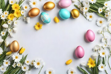 Fototapeta na wymiar Festive Easter background. Easter eggs with flowers on a white background