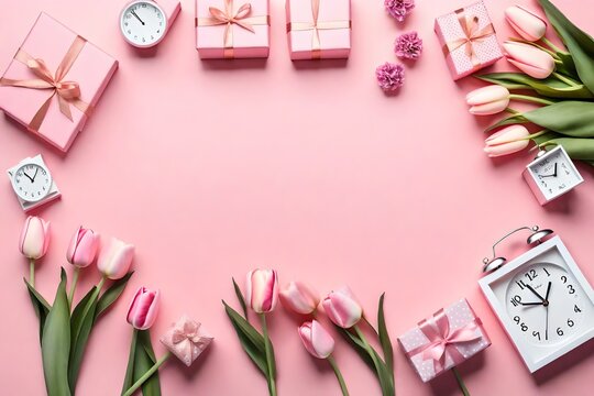 photo frame gift boxes, bunches of tulips, alarm clock and sprinkles on pastel pink background, mothers day concept