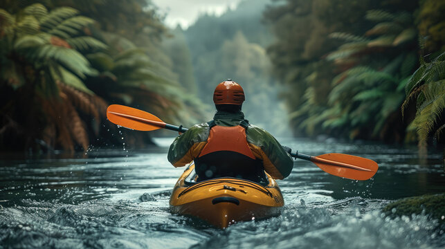 A man in high-end kayaking gear steers his craft along a winding river. Generative AI.