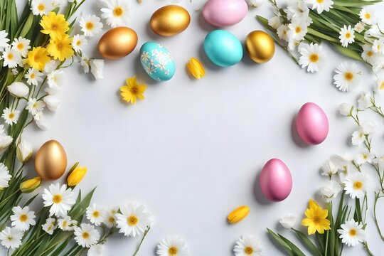 Festive Easter background. Easter eggs with flowers on a white background