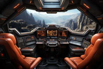 the cockpit of a futuristic space ship with mountains in the background