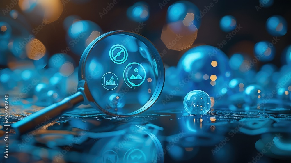 Aufkleber a magnifying glass with blue targets and marketing icons on top of it. generative ai.