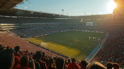 Capacity soccer stadium packed with fans during a game. Generative AI. - obrazy, fototapety, plakaty