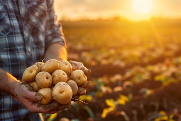 Close up of farmer holding potatoes in hands on harvest field background at sunset. banner with...